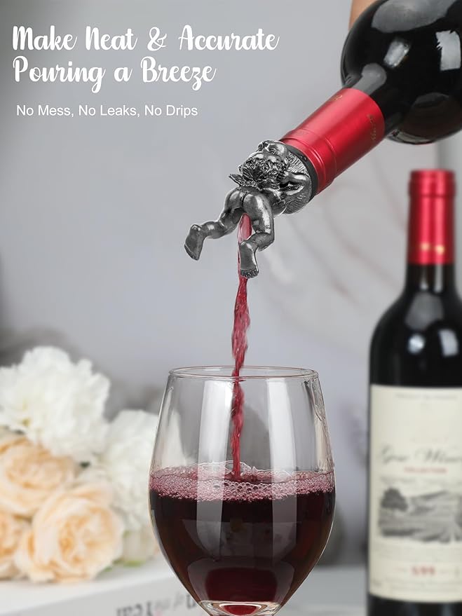 Funny Cherub Wine Pourer, Novelty Angel Bottle Stopper and Liquor Pour Spout, Metal Upside-Down Cherub Wine Bottle Topper for Party Bar Cart Decor, Gag Gift for Wine Lovers, Fits Most Bottles