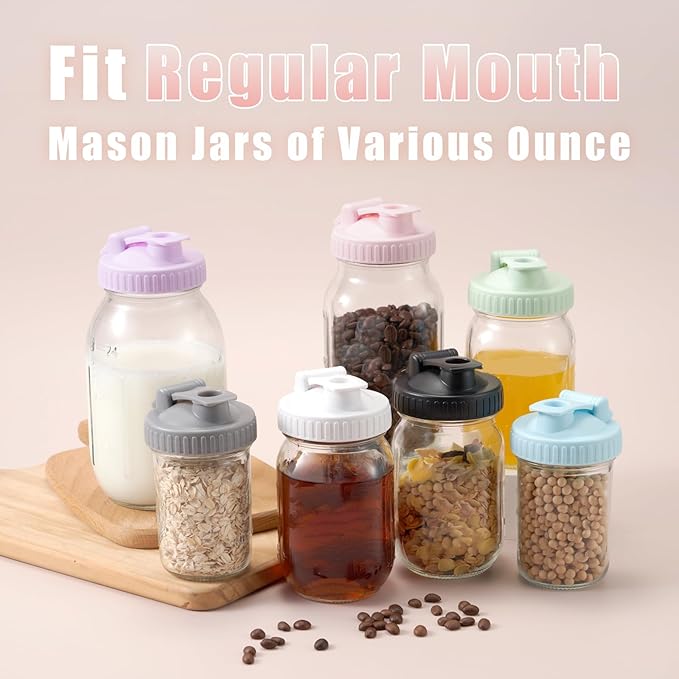 4 Pack Regular Mouth Mason Jar Pour Spout, Mason Jar Pitcher Lids with Leakproof Airtight Flip Cap, Reusable Plastic Canning Lids for Drinking Salad Dressing Pouring, Jar Lids, Black & White