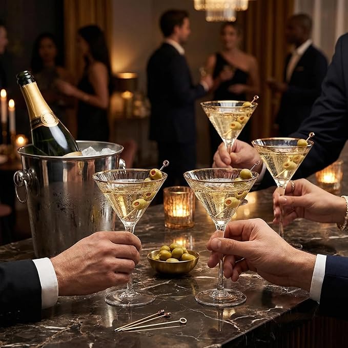 Gold Rim Martini Glasses - Set of 4-10 oz, 24K Gilded Classic Vintage Glasses For Martinis, Cocktails, Champagne, Water & Wine - Hand Blown Classic Coupes Gilded Rimed, Crystal Coupe with Long Stems