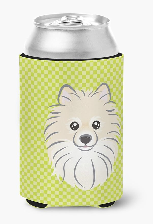 Caroline's Treasures BB1269CC Checkerboard Lime Green Pomeranian Can or Bottle Hugger Cooler Washable Drink Sleeve Collapsible Beverage Insulated Holder, Can Hugger, Multicolor