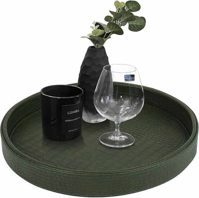 HofferRuffer Faux Leather Round Serving Tray, Vegan Croco Leather Decorative Tray, Food Tray for Storage Drinks, Snack & Cosmetics, Dia.12'' x 1.6'' (Green)