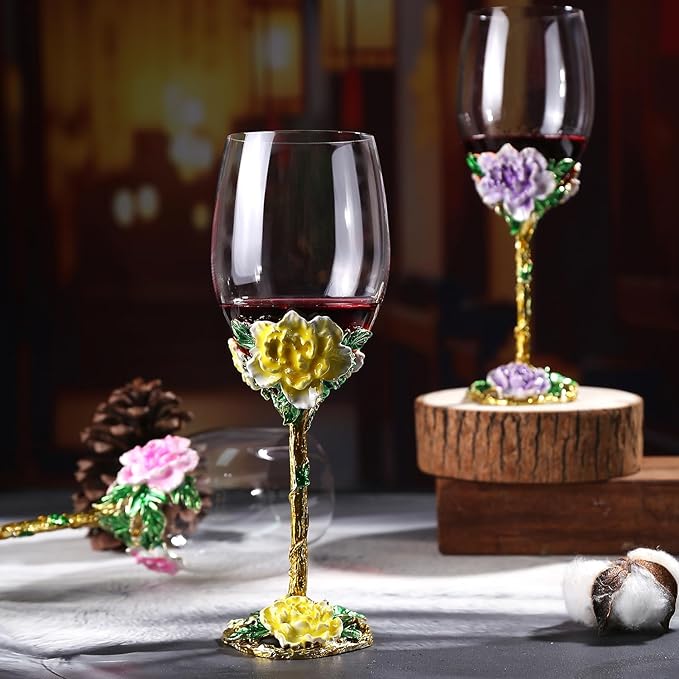 Simcat Handmade Painted Enamel Flower Glass Wine Glasses Transparent Refined Goblet, Stem For Cabernet, Gifts (purple single gift box,big flower)