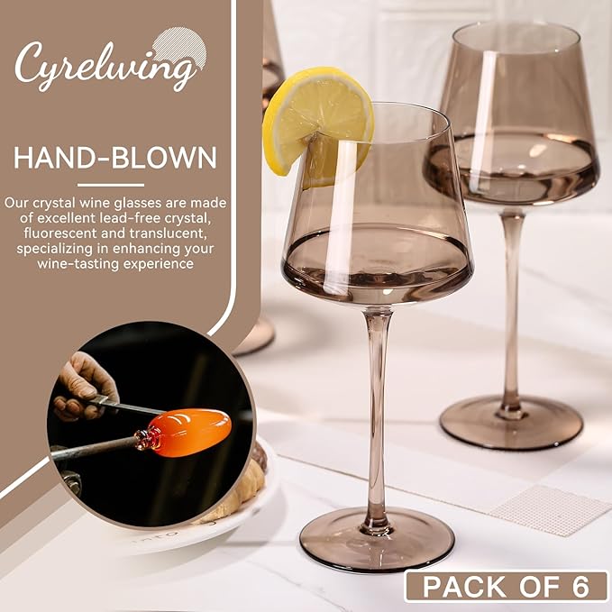 Smokey Sand Wine Glasses Set of 6,18oz Gray Wine Glassware Gift Set for Wife & Mom-Colorful Hand Blown Glass Drinkware for Red White Wine