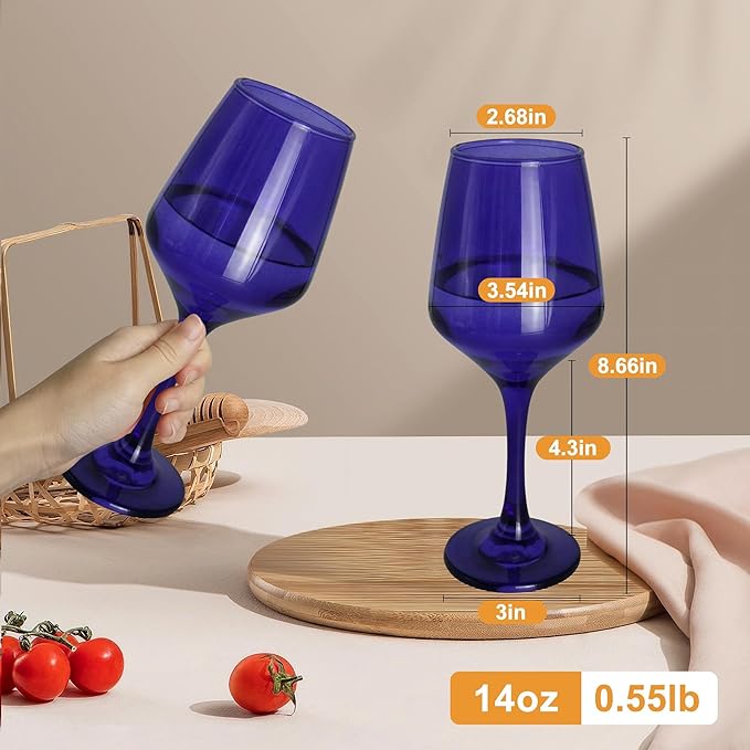 Purple Wine Glasses Set of 6, 14oz Stemmed Glasses, Thick & Colored, Dishwasher Safe Stemware for Red or White, Gift for Party, Holiday, Anniversary, Restaurant, Home Bar, Daily Use