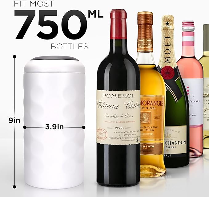 Premium Wine Chiller - 750ml Stainless Steel Wine Bottle Cooler, Vacuum Insulated & Double-Walled - Keeps Wine Cold for 6+ Hours - Champagne Chiller Sleeve for Most Bottles - White