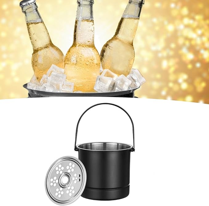 1L Ice Bucket, Professional Thickened Stainless Steel Ice Container with Filter Plate and Carrying Handle, Portable Chiller Bin Basket Black for Bar Parties Restaurant Bar(14x13.8x12.5cm)