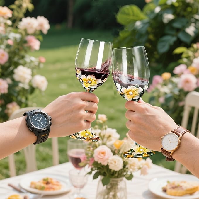 Wine Glasses Clear Handcrafted Champagne Glasses Enamel Apricot Blossom Wine Glass (Golden /2 set(gift box))