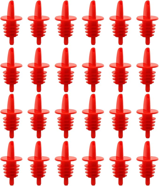Plastic Liquor Bottle Pourers 24 Pack Classic Bottle Pourers for Alcohol, Leak-Proof, Dishwasher-Safe Pour Spouts for Liquor Bottles (Red)