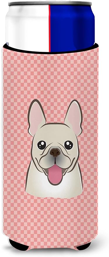 Checkerboard Pink French Bulldog Ultra Beverage Insulators for slim cans