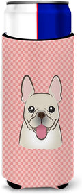 Checkerboard Pink French Bulldog Ultra Beverage Insulators for slim cans