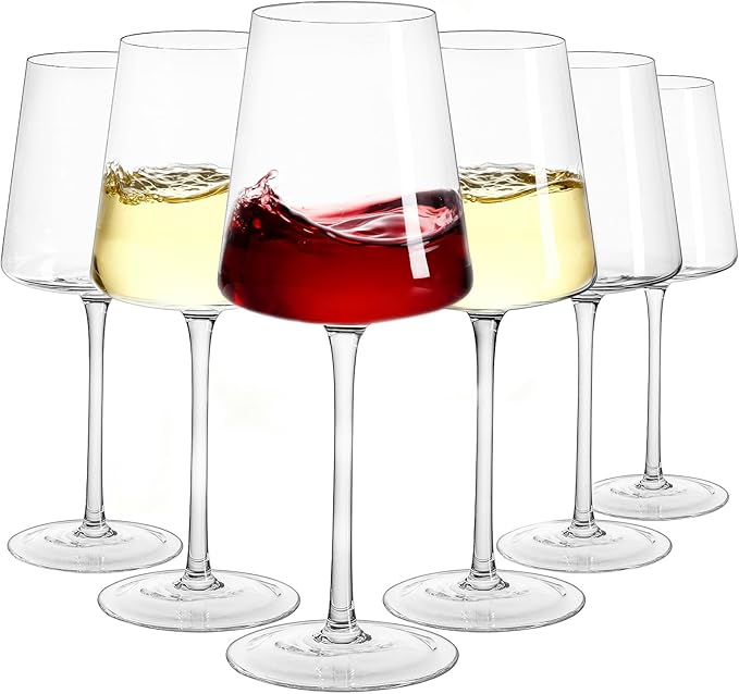 Crystal Wine Glasses Set of 6 -13.5oz Clear Lead-Free Hand Blown Long Stem Square Red Wine Glasses with Gift Box for Christmas Wedding Birthday Party