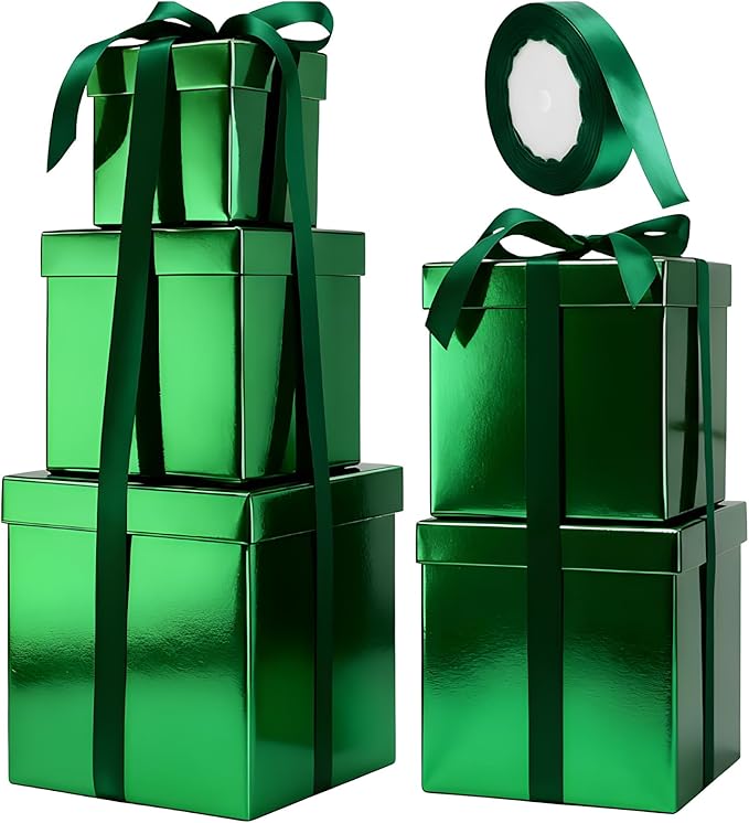 Cholemy 5 Pcs Square Nesting Boxes Decorative Gift Boxes with Lid and Ribbon Assorted Sizes Wrap for Wedding, Carnival, Anniversary, Birthday, Bridal Shower Party Gifts(Laser Green)