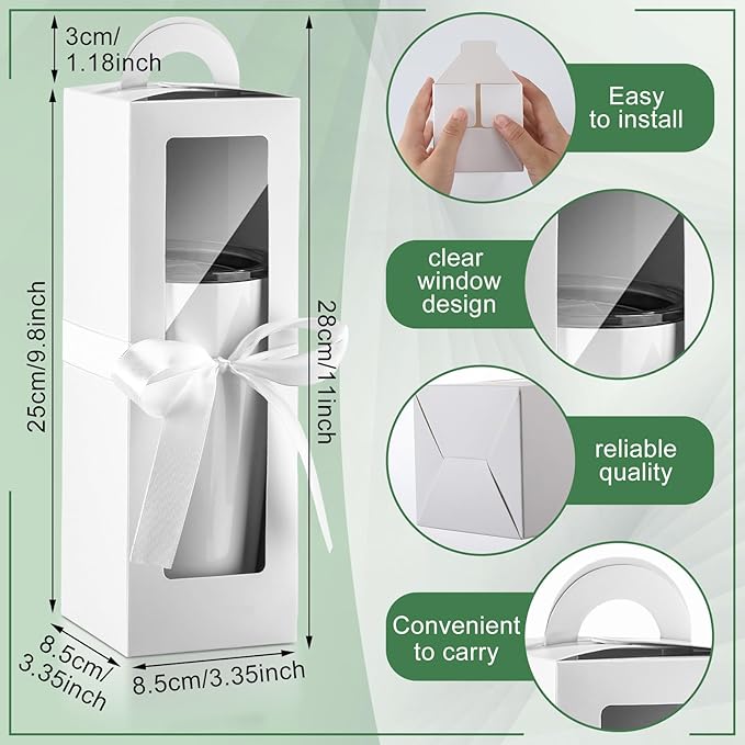 Ctosree 24 Pcs Tumbler Gift Box with Handle for 12oz 16oz 20oz 30oz Clear Wine Glass Gift Box Sublimation Tumblers Heat Press Blanks Bottle for Christmas Wrapping Packaging(White)