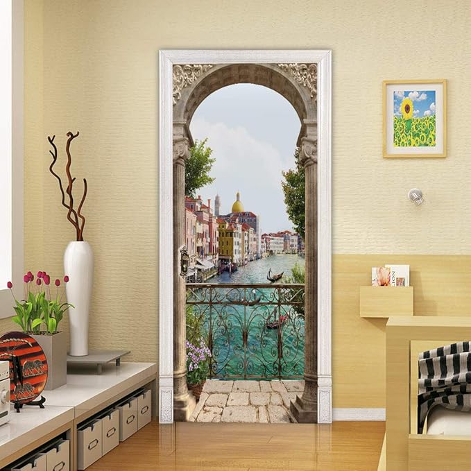3D Door Stickers Murals - Landscape Peel and Stick Waterproof & Washable Matt Finish Modern Style White 35.4" x 78.7" 2 Pieces