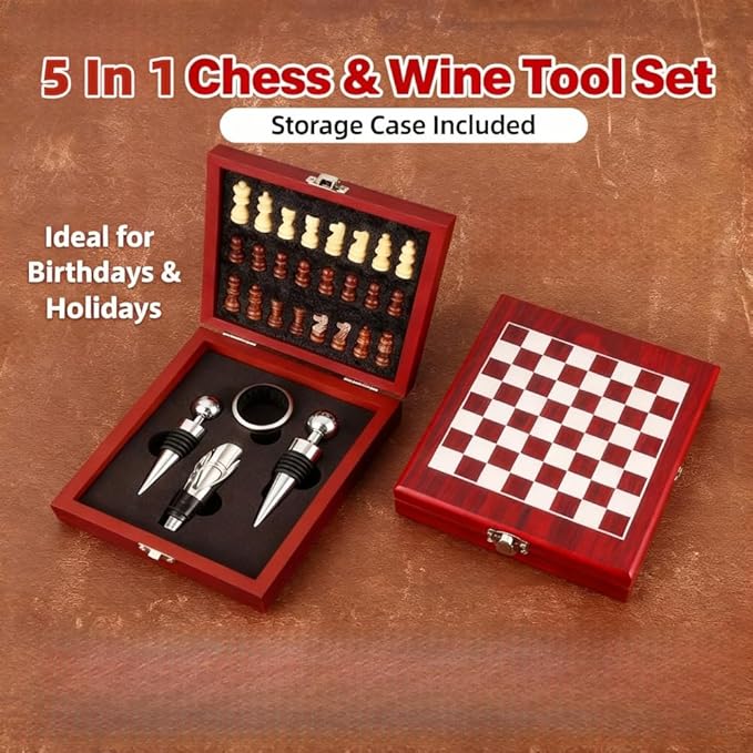 Wine Opener Gift Set with Chess Board, 5 in 1 Elegant Wine Accessories Kit with Waiter's Corkscrew, Pourer, Stopper & Foil Cutter, Unique Gifts for Wine Lovers & Hosts