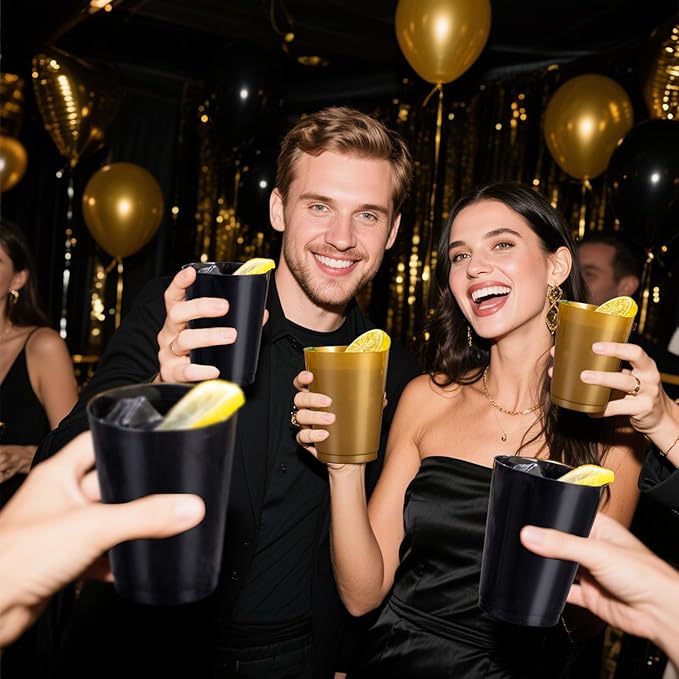 DaYammi 100 Pack Plastic Cups for Party- Disposable Gold Cups and Black Cup Include: 50 Black Plastic Cup and 50 Gold Disposable cup for Party Supplies Festive Celebrations Wine Beer Beverage
