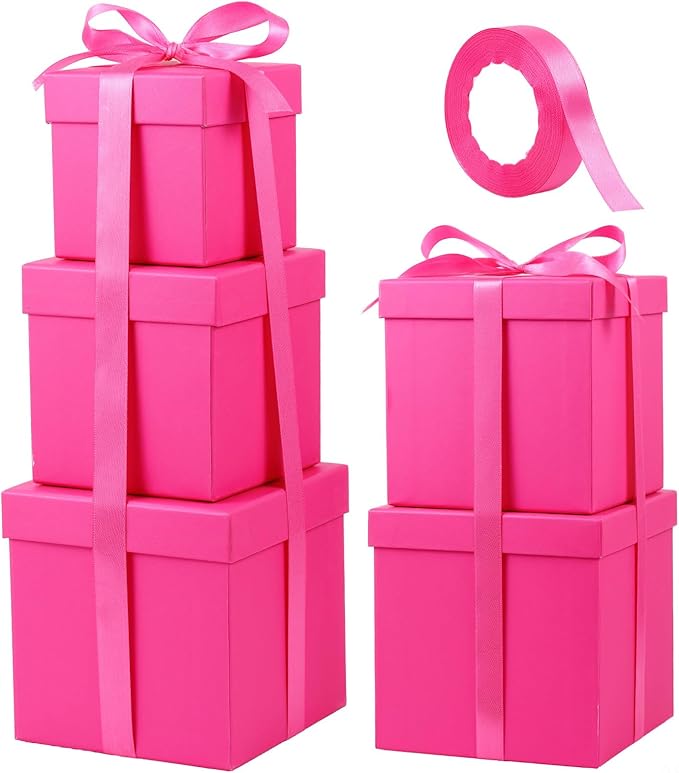Cholemy 5 Pcs Square Nesting Boxes Decorative Gift Boxes with Lid and Ribbon Assorted Sizes Wrap for Wedding, Carnival, Anniversary, Birthday, Bridal Shower Party Gifts(Hot Pink)