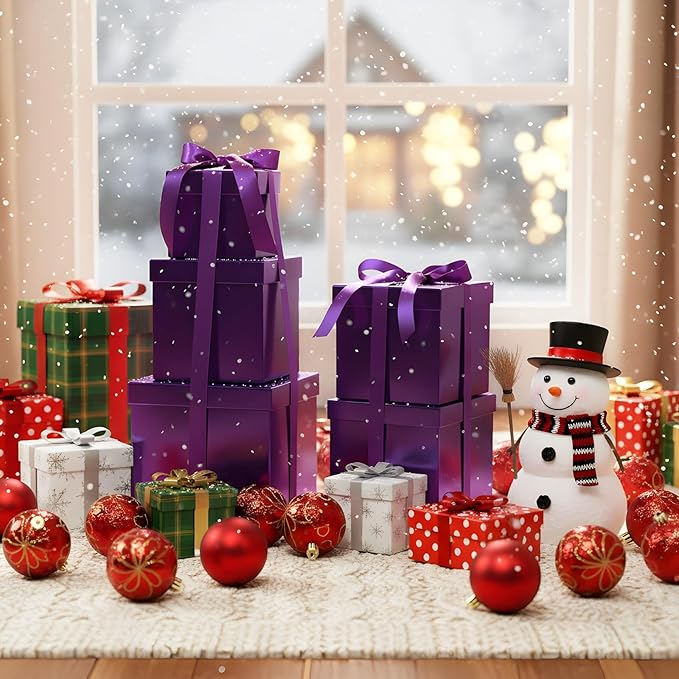 Cholemy 5 Pcs Square Nesting Boxes Decorative Gift Boxes with Lid and Ribbon Assorted Sizes Wrap for Wedding, Carnival, Anniversary, Birthday, Bridal Shower Party Gifts(Purple)