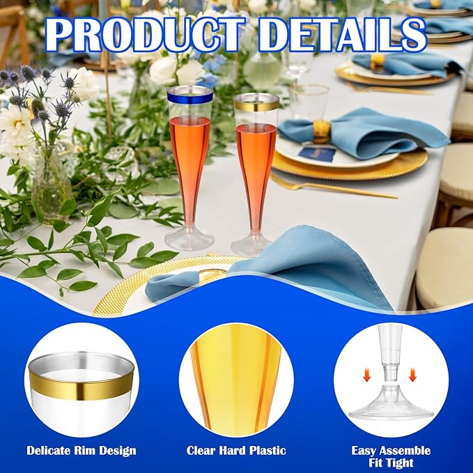 Jingmore 36 Pcs Plastic Champagne Flutes 4.5 oz Clear Disposable Wine Glasses Cocktail Cup Champagne Glass for Wedding Graduation Summer Party Favor Mimosa Bar Supplies (Blue,Gold)