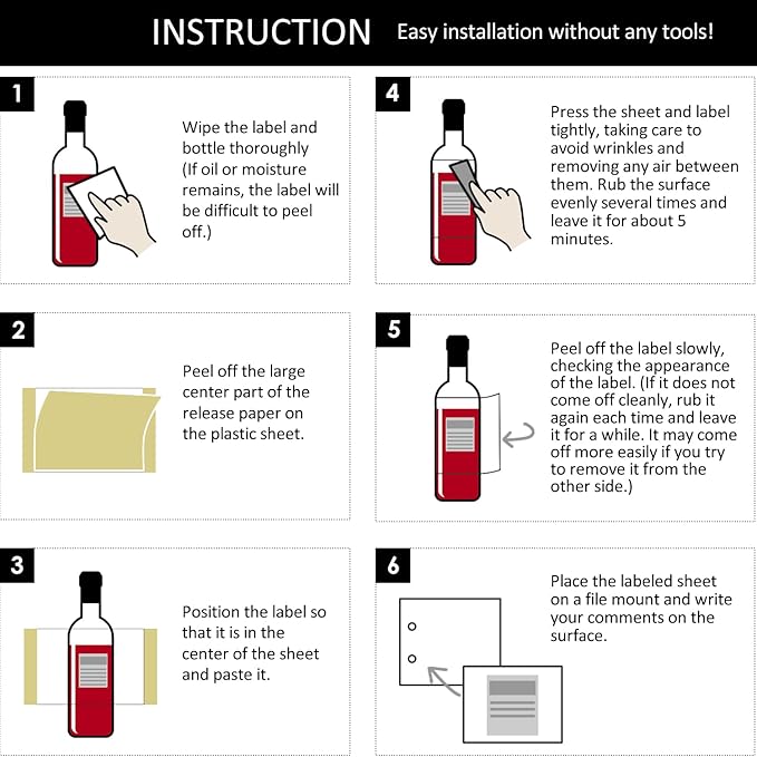 [WINERECORDER] 12 Pack Wine Beer Bottle Label Remover & Saver Kit | Self-Adhesive Laminating Sheets & Mounting Cards for Comments, 6.8x5.9in/17.5x15cm
