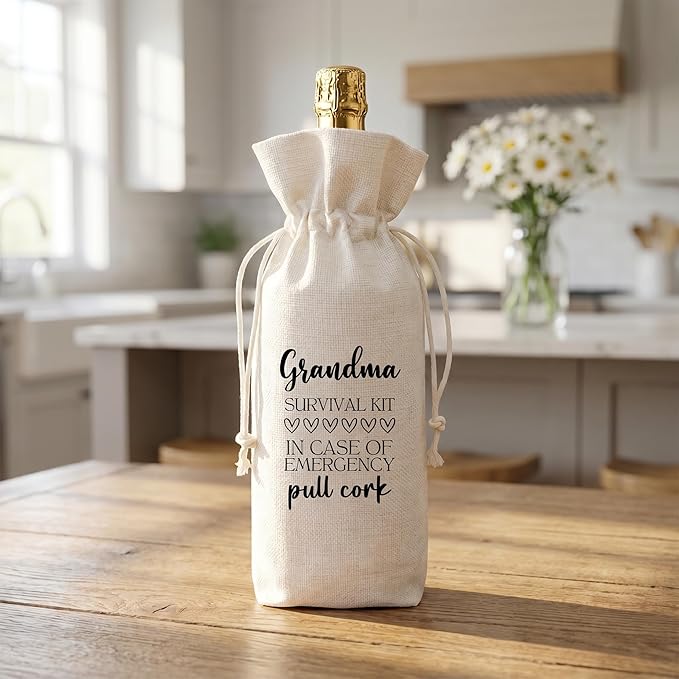 Grandma Gift Wine Bag from Grandkids, Funny Survival Kit Linen Drawstring Wine Bottle Cover, Reusable Wine Gift Pouch for Grandma Mother's Day Birthday Christmas Grandparents Day - A01