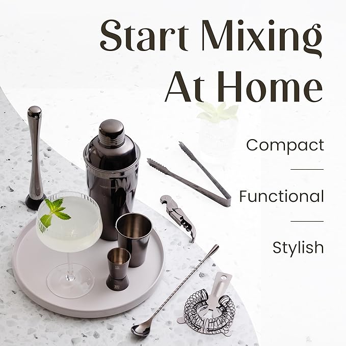 Modern Mixology Pro-Graded Cocktail Shaker Set with Stand | Complete Bartender Kit | 24oz Martini Shaker, Jigger, Strainer, Bar Spoon, Tongs, Opener, Muddler, Home Bar Essentials