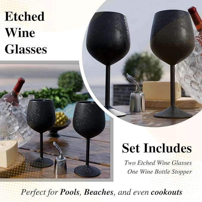 Mother’s Day Gift for Mom – Set of 2 Etched black Stainless Steel Wine Glasses, 17oz Engraved Goblets with Bottle Stopper, Unbreakable Elegant Wine Cups, Gift for Women, Wife, Mom, Sister