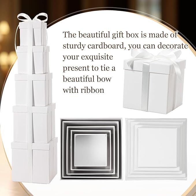Cholemy 5 Pcs Square Nesting Boxes Decorative Gift Boxes with Lid and Ribbon Assorted Sizes Wrap for Wedding, Carnival, Anniversary, Birthday, Bridal Shower Party Gifts(White)