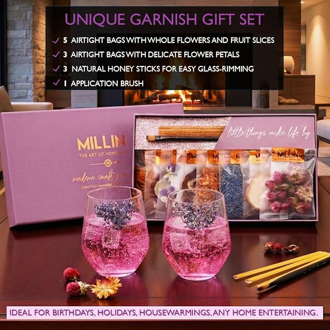 MILLIN Cocktail Garnish Gift Set – Edible Flowers & Dehydrated Fruits | Premium Bar Accessories | Unique Gift for Her | Holiday gifting