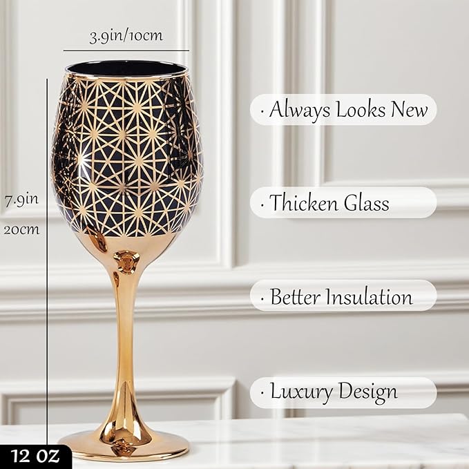 Gold Rim Wine Glasses - 12oz Black and Gold Long Stem Set for Fall, Thanksgiving, Christmas, Housewarming or Birthday Gift (Black, Set of 6)