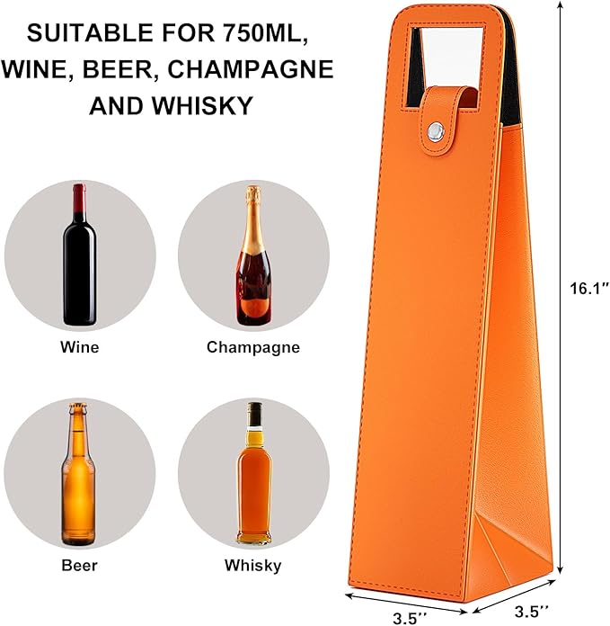 RYDDOY Wine Gift Bag, Reusable Leather Wine Tote Carrier, Single Bottle Champagne Beer Gift Bags Carrier for Birthday, Wedding, Picnic Party, Christmas festival Gifts (Orange)