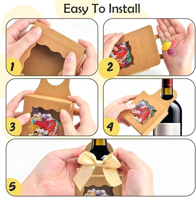 Sankoly 10 Pieces Wine Bottle Box with Window Paper Wine Gift Box with Bow Tie Mini Gift Boxes Bottle Hanger Favor Box for for Holding Candy Chocolate Cookies Mini Gift (Brown)