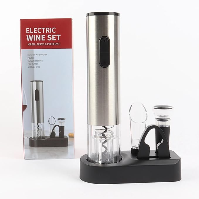 CHUANYU Electric Wine Opener, 5 in 1 Automatic Electric Wine Bottle Corkscrew Opener with Foil Cutter, Rechargeable (Stainless Steel) (Silver)