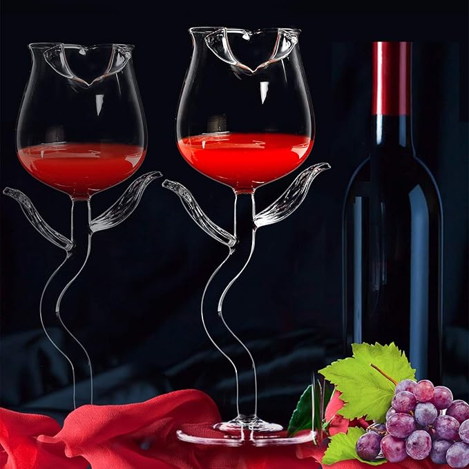 Rose Cocktail Glass Wine Goblet Glasses Flower Drinkware Set of 2, Crystal Champagne Flutes Classy Red Wine Glass, Ideal Gifts for Housewarming, Wedding, Birthday Celebrations
