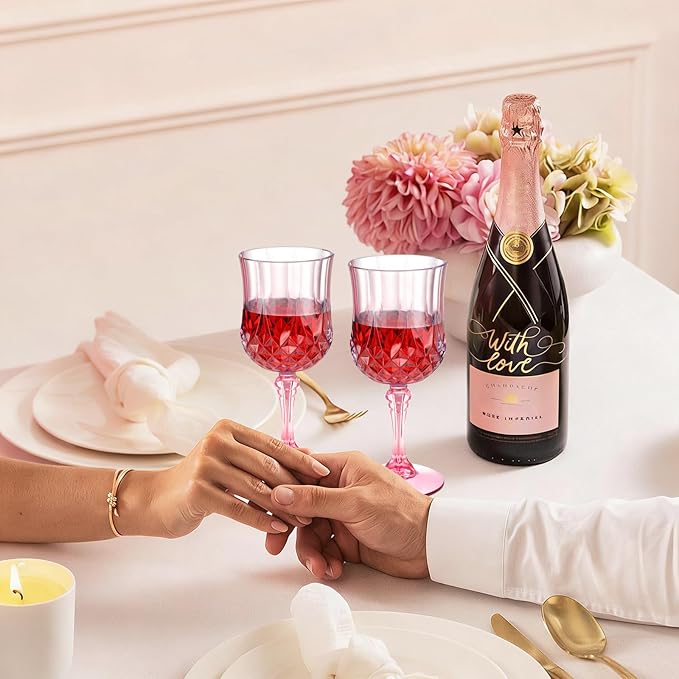 7OZ Plastic Wine Glasses, Disposable Goblets Drinking Glasses Crystal Vintage Water Cups Unbreakable Champagne for Wedding, Parties, Valentine's Day (Pink)