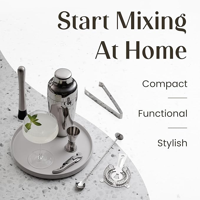 Mixology & Craft Bartender Kit – 15 Piece Cocktail Shaker Set with Bamboo Stand | Complete Cocktail Kit Gift Set | Top Bartender Gifts for Men & Women | Exclusive Recipe Cards (Silver)