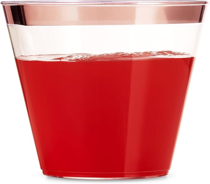 Munfix 100 9 Oz Clear Plastic Cups, Old Fashioned Tumblers, Fancy Disposable Wedding Cups, Elegant Party Cups with Rose Gold Rim