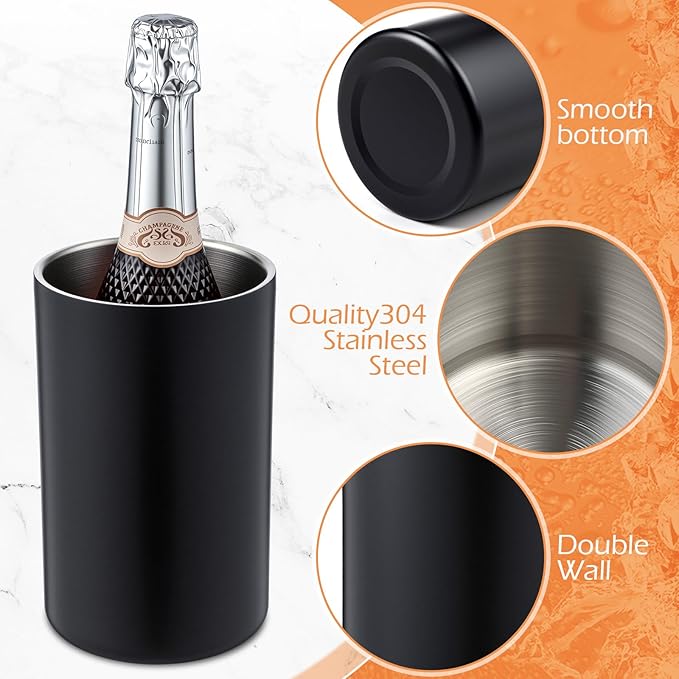 Potchen 6 Pack Wine Chiller Bucket Wine Bottles Cooler Bulk, Stainless Steel Double Wall Insulated Champagne Ice Bucket for Parties,Fits for 750 ml Bottles(Black)