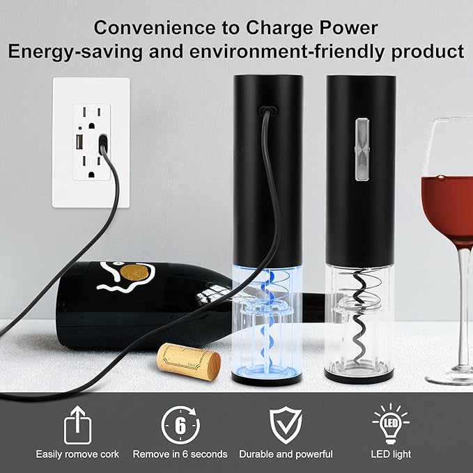 COKUNST Electric Wine Opener, Rechargeable Automatic Wine Corkscrew Bottle Opener With Foil Cutter, Type-C Charging Wine Openers With LED Light For Home Party Restaurant Wedding Gifts