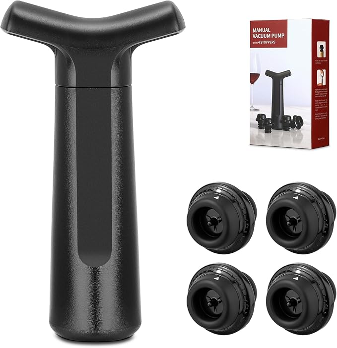 Wine Stopper, Wine Saver Vacuum Pump with 4 Reusable Stoppers, Wine Bottle Preserver & Sealer Keeps Fresh Longer, Ergonomic Handle, ideal Gift