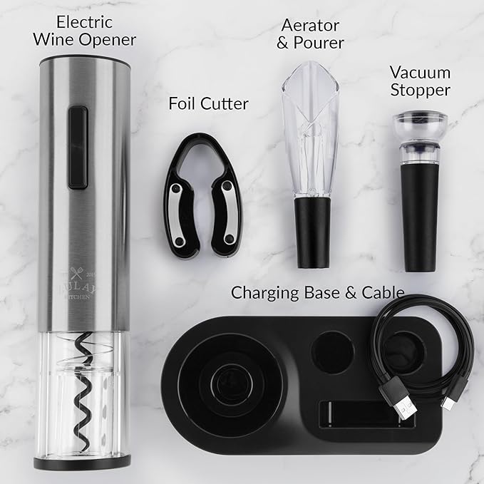 Zulay Kitchen Rechargeable Electric Wine Opener Set with Storage Base - Automatic Corkscrew Wine Bottle Opener, Pourer, Foil Cutter & Vacuum Stopper - Stainless Steel Wine Gift Set, Silver
