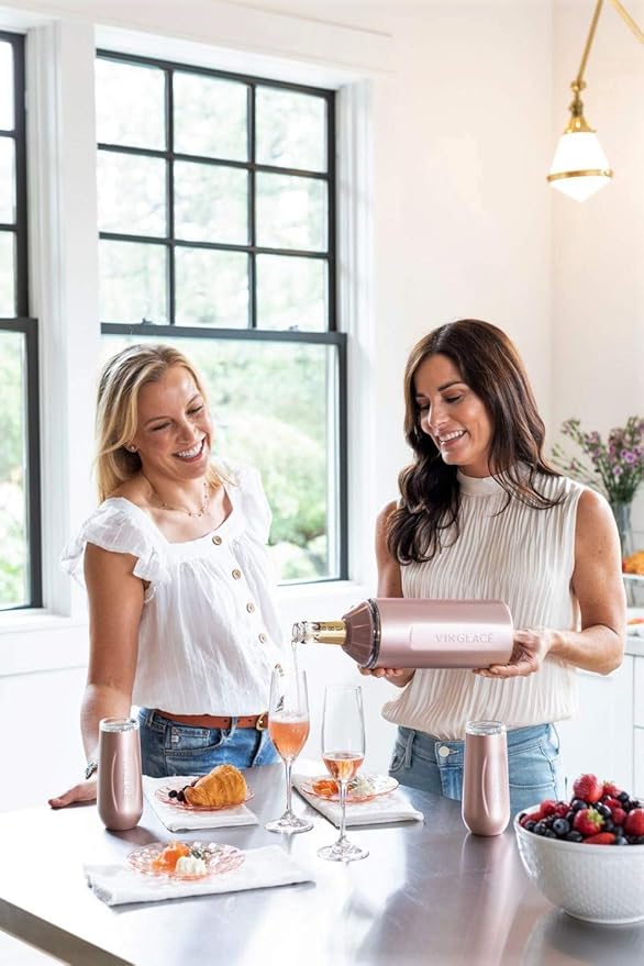 Vinglacé Champagne Bottle Chiller Gift Set- Portable Stainless Steel Sparkling Wine Cooler with 2 Stemless Champagne Flutes, Rose Gold