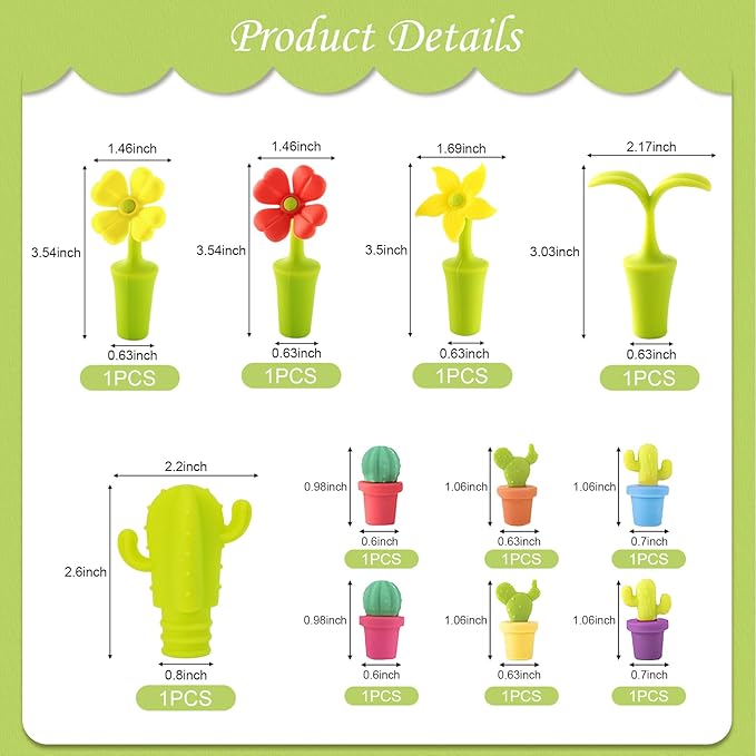 Knana 10Pcs Cactus Flowers Silicone Wine Stoppers Cute Wine Accessories Fun Wine Stopper for Mexican Party Favors Baby Shower Wedding
