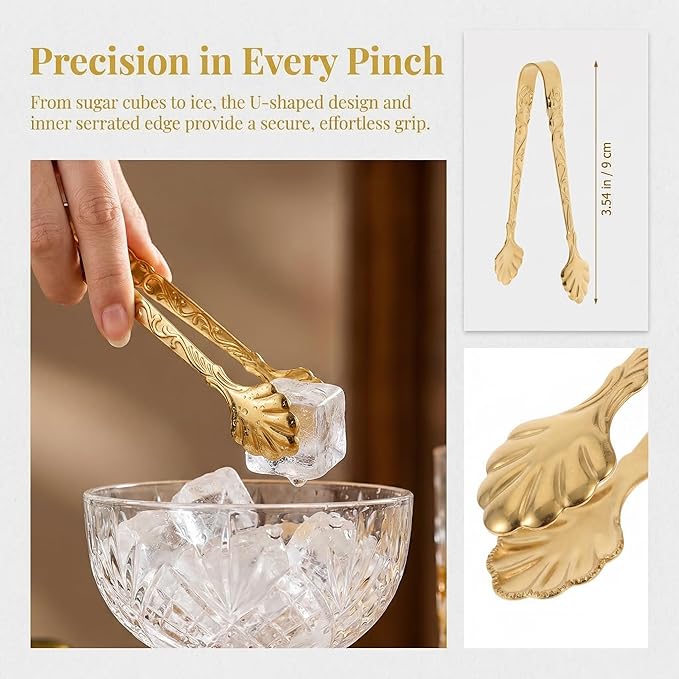 3.5inch Mini Serving Tongs, 2PCS Sugar Tongs, Small Stainless Steel Sugar Cube Pick with Rose Embossed Ice Grabber for Tea and Coffee Party Charcuterie Board Appetizers （Gold）