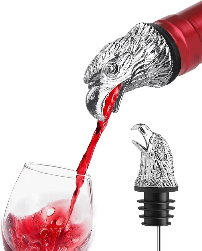 Eagle Head Wine Pourer and Bottle Stopper, Stainless Steel Animal Liquor Pour Spout with Leakproof Rubber, Patriotic Bald Eagle Bar Accessory for Wine Whiskey Gifts for Men