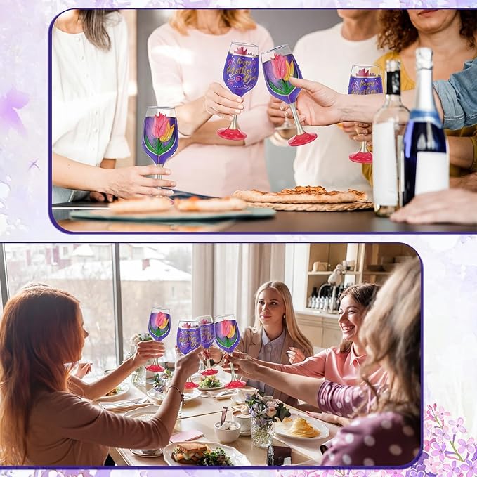 SiliFine 4 Pcs Mother's Day Stemmed Wine Glasses Hand Painted Tulip Flower Drinking Cup Wine Glasses Gifts for Birthday Theme Holiday Party Supplies