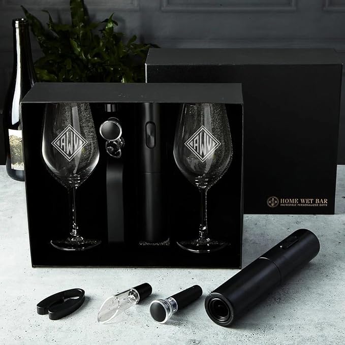 Custom Wine Glasses Set - 6pc Engraved Wine Glasses with Electric Opener, Wine Accessories, and Luxury Box