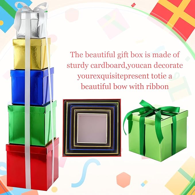 Cholemy 5 Pcs Square Nesting Boxes Decorative Gift Boxes with Lid and Ribbon Assorted Sizes Wrap for Wedding, Carnival, Anniversary, Birthday, Bridal Shower Party Gifts(5 Color)