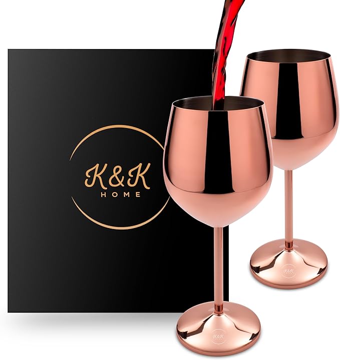 K&K Home Rose Gold Stainless Steel Unbreakable Wine Glasses - 18 oz - Set of 2 Colored, Stemmed Metal Wine Glasses Perfect for Outdoors, Weddings, and Parties (Rose Gold, Set of 2)