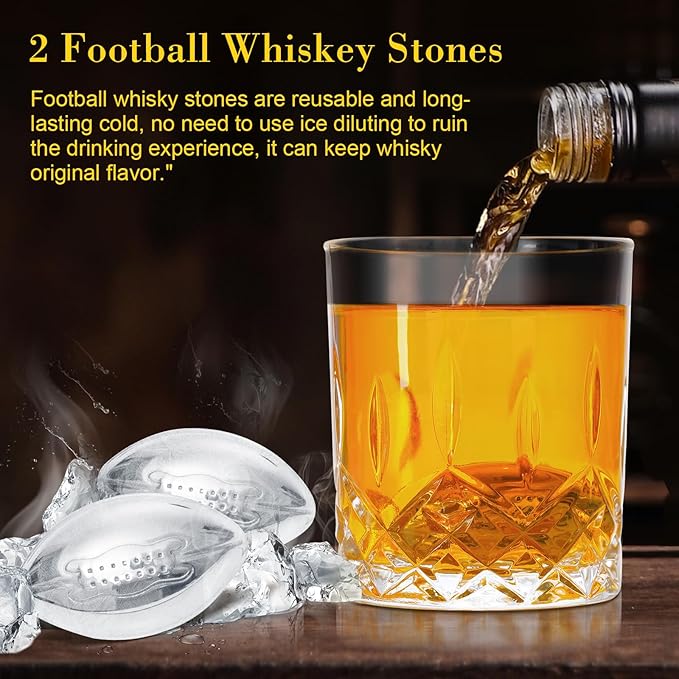 Football Whiskey Decanter Set for Men, 47oz Liquor Decanter Set with 2 Glasses + 2 Footballs Chillers, Gifts for Dad, Husband, Boyfriend, Coach, for Liquor, Bourbon, Scotch, Vodka